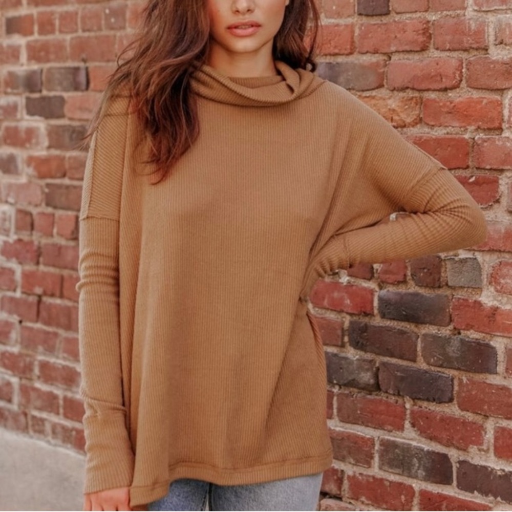 Free People Long Sleeve Top Thermal Cowl Neck Waffle Knit Relaxed Cotton Sweater